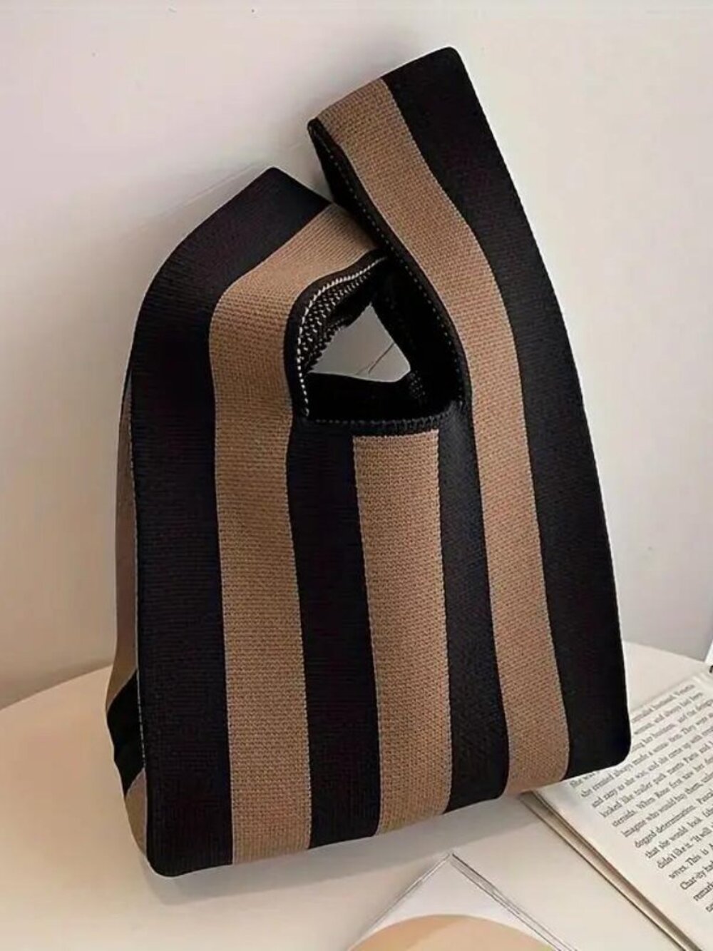 Korean‑Style Vertical Stripe Knit Handbag, Retro Black‑White Striped Wrist Bag,